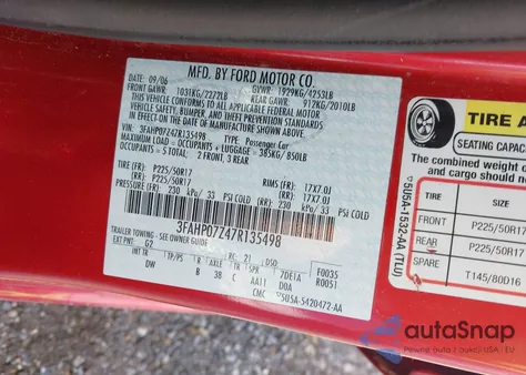 2007 Ford Fusion Se from USA, damaged, VIN 3FAHP07Z47R135498